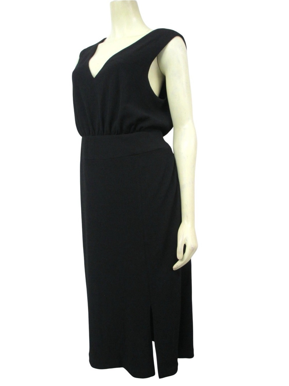 White House Black Market Black Sleeveless V-Neck Midi Dress with Front Slit - Picture 2 of 6
